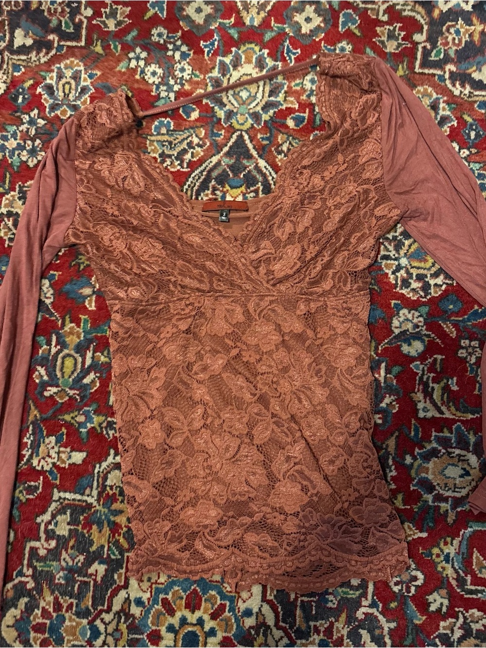 Vintage Lace Wrap-Style Blouse in Mauve